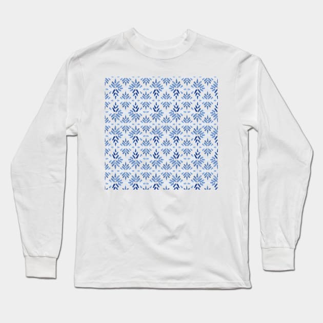 Blue Moroccan Watercolour Tile Print Long Sleeve T-Shirt by LThomasDesigns